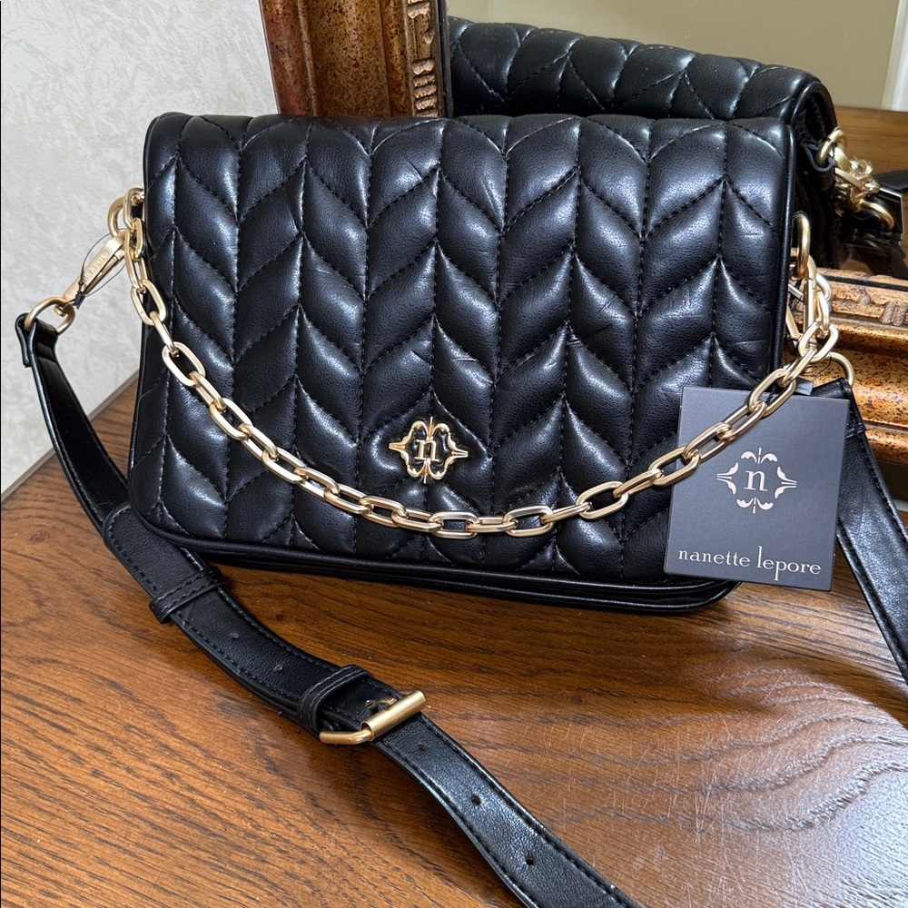 Nanette Lepore Black Jessica Quilted bag w/Crossbody Strap or Gold Chain.